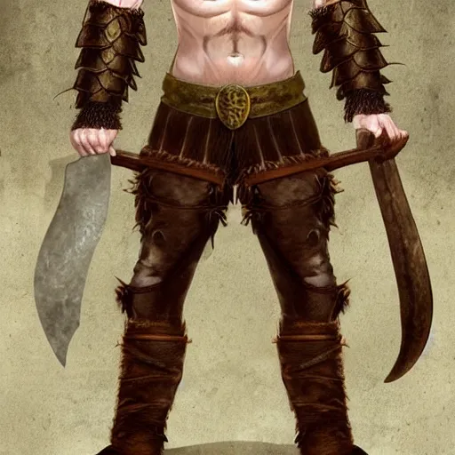 Image similar to ginger viking with flowing long wavy hair in leather armor, very pale, very hairy chest, bare chest, very thick legs, bare legs, husky body type, very muscular, very tall, full body picture, fantasy, dungeons and dragons, detailed digital art, 4 k