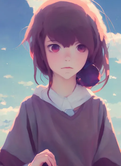 Image similar to portrait of cute girl, cloudy sky background lush landscape illustration concept art anime key visual trending pixiv fanbox by wlop and greg rutkowski and makoto shinkai and studio ghibli