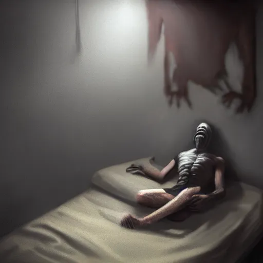 Prompt: A gangly humanoid monster running towards a person sleeping in a bed, trending on Artstation, Digital Painting, Photo Realistic, Dynamic Lighting, Gloomy, Insanely Detailed, Award Winning