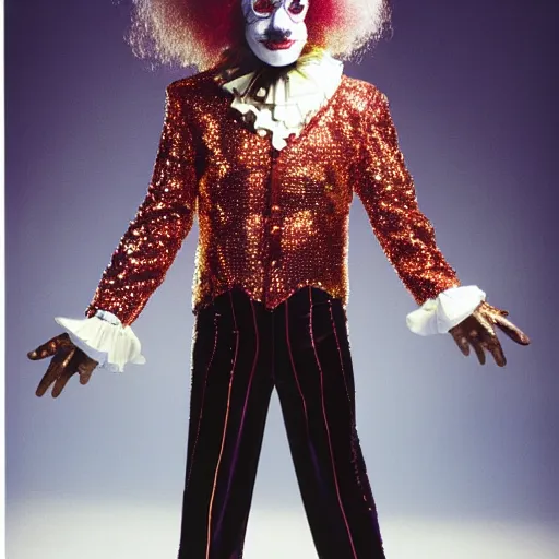 Image similar to uhd candid photo of disco stu wearing disco suit, intricate clown costume. photo by annie leibowitz