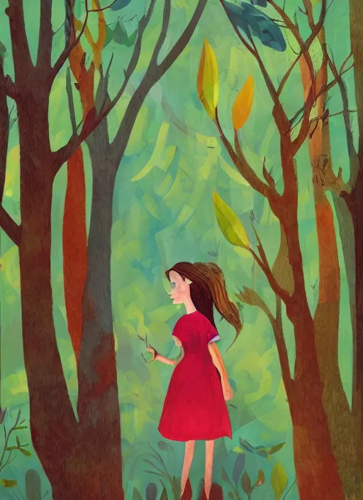 Image similar to a wonderful childrens illustration book portrait painting of a woman in the woods, art by tracie grimwood, colorful, whimsical, aesthetically pleasing and harmonious natural colors