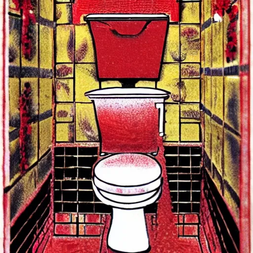 Prompt: a golden toilet with red flowers embossed into the material, the toilet is shiny, junji ito, varying locations, varying angles, color restoration