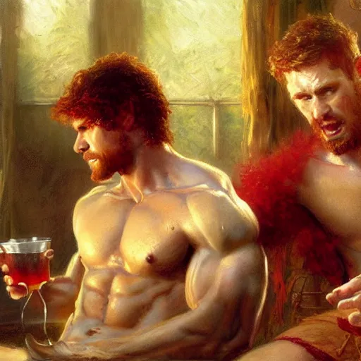 Prompt: attractive muscular mike with ginger hair with attractive tyler with brunet hair, drinking their hearts out, in their noble mansion. image defined to the maximum, highly detailed painting by gaston bussiere, craig mullins 8 k