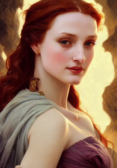 Image similar to sansa angeline jolie gessica chastain teeth, intricate, elegant, highly detailed, digital painting, artstation, concept art, smooth, sharp focus, illustration, art by artgerm and greg rutkowski and alphonse mucha and william - adolphe bouguereau