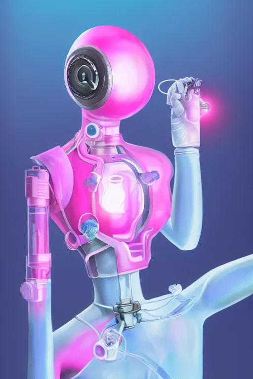 Image similar to Pink Vapor Inhalation Cyborg in a Medical Laboratory Connected to a Spherical Bottle of Pink Liquid by a Tube, Pink Vapor Leaking from an Oxygen Mask, fantasy, magic, ultra detailed, digital art, trending on artstation, illustration, robotic, mechanical