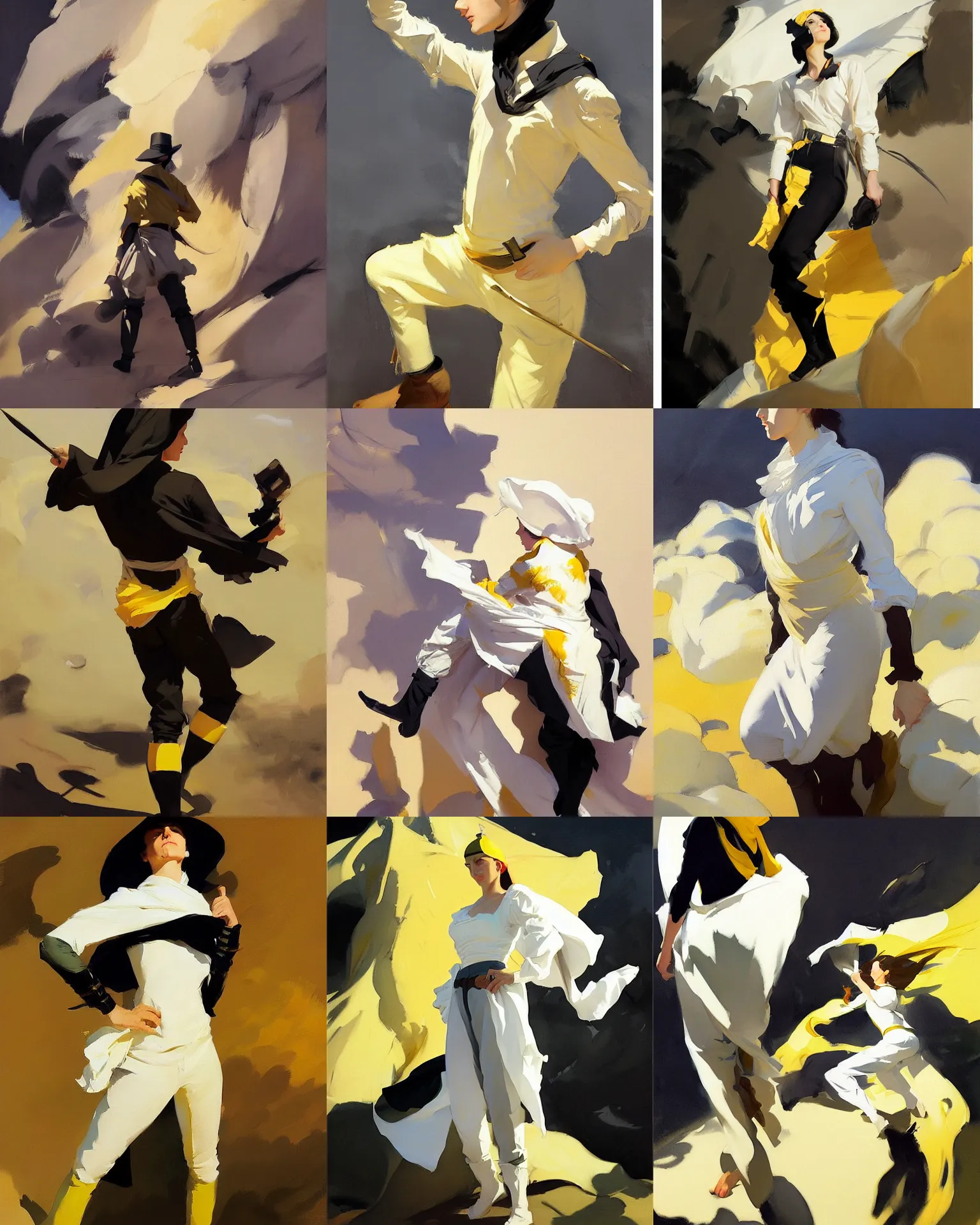 Prompt: white black deep yellow cloth fabric jodhpurs greg manchess painting by sargent and leyendecker, studio ghibli, fantasy, medium shot, asymmetrical, intricate, elegant, matte painting, illustration, hearthstone, by rhads by greg rutkowski, by greg tocchini, by james gilleard, by joe fenton