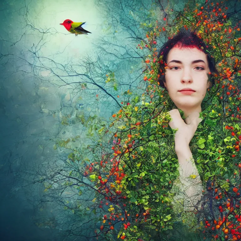 Image similar to human with the sea and the forest inside, veins diverge through the body like rivers filmed on a satellite, a person is decorated with wild berries, a beautiful bird is looking at him next, colorful picture