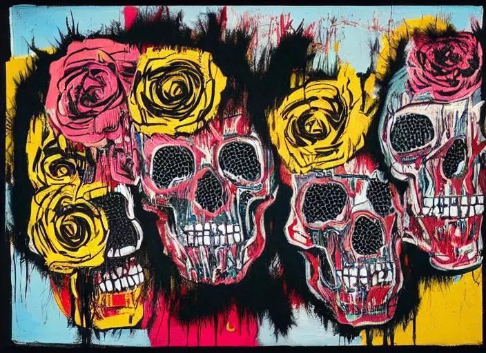 Image similar to bokeh roses growing out of one single skull by jean-michel basquiat, david choe and alex gray painting, intricately highly detailed art piece