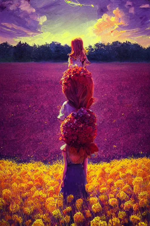 Image similar to closeup, giant flower head, girl standing in a field of flowers, surreal photography, sunrise, blue sky, dramatic light, impressionist painting, digital painting, artstation, simon stalenhag