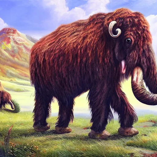 Prompt: colorful cute baby wooly mammoth full body on prehistoric landscape detailed oil painting 4k