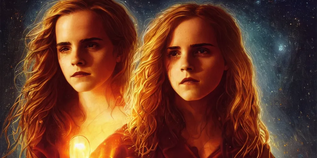 Prompt: Surreal. Vivid. Emma Watson as Hermione Granger. Beautiful. Golden. Hazel. Rays of light. WLOP!!!. Sunset. Captivating. James Paick. Gustave Baumann. Guy Denning. Jean Delville. Clyde Caldwell. Andrew Ferez. John Harris. Extremely detailed. 4K.