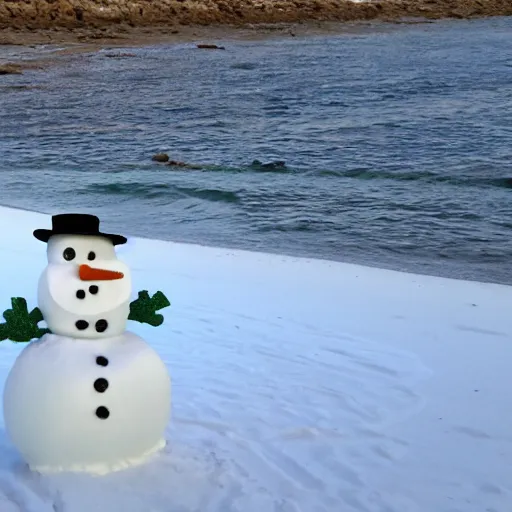 Prompt: snowman on a beach