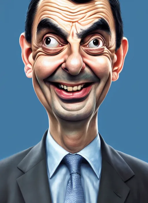 Image similar to highly detailed caricature portrait of mr bean by ross tran, by greg rutkowski, brush strokes, 4 k resolution, light blue pastel background