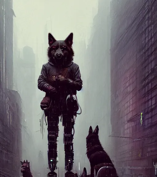 Image similar to new york city portrait of furry anthro anthropomorphic german shepard head animal person fursona wearing clothes strange cybernetic muzzle gloomy rainy cyberpunk digital art by Greg Rutkowski, Simon Stalenhag, trending on Artstation, CGSociety