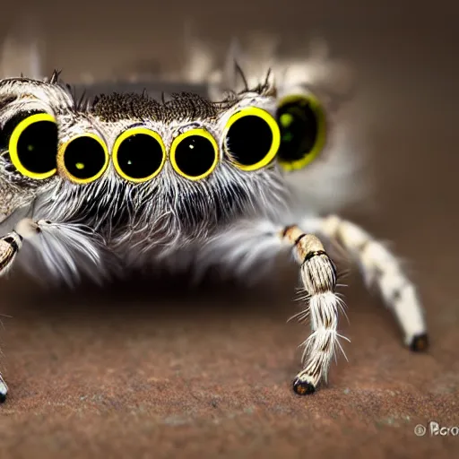 Image similar to jumping spider mixed with owl with 4 eyes and nightvision goggles, cute creature, hybrid, anamorphic lens, bokeh, kodak color film stock, macro shot