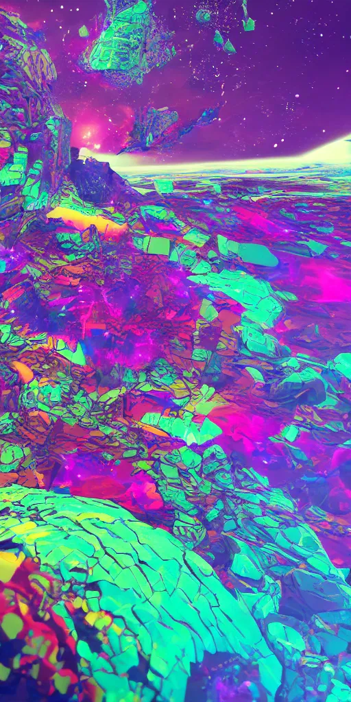 Image similar to partially disintegrated stone drifting in outer space with a colorful trail, psychedelic art, vaporwave art, glitchcore art, detailed, 8 k, trending on artstation