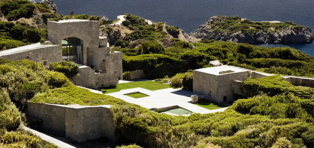 Image similar to castle designed by renzo piano overlooking big sur. landscape design by gertrude jekyll.