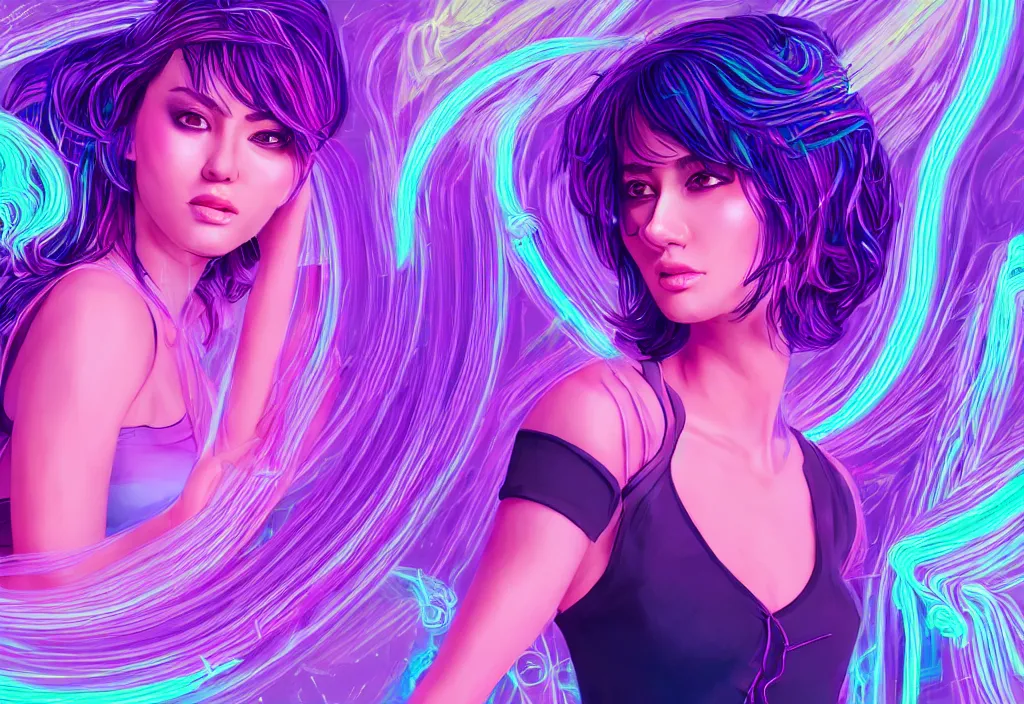 Image similar to a award winning half body portrait of a beautiful woman in a croptop and cargo pants with ombre purple pink teal hairstyle surrounded by whirling illuminated lines, outrun, vaporware, shaded flat illustration, digital art, trending on artstation, highly detailed, fine detail, intricate, sensual, elegant, seductive
