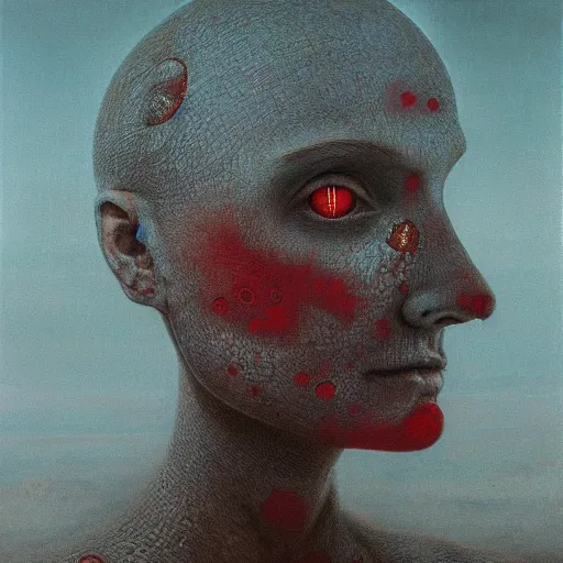 Prompt: her eyes wide by beksinski zdzisław, oil on canvas