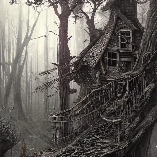 Prompt: dilapidated broken down treehouse, tucked within the witchwood forest, evil fairies, overgrown, detailed intricate ink illustration, dark atmosphere, detailed illustration, hd, 4k, digital art, overdetailed art, concept art, by greg rutkowski, by loish, complementing colors, Trending on artstation, deviantart