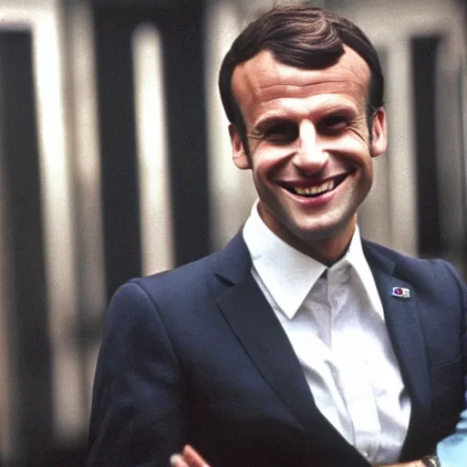 Image similar to Emmanuel Macron laughing in American Psycho (1999)