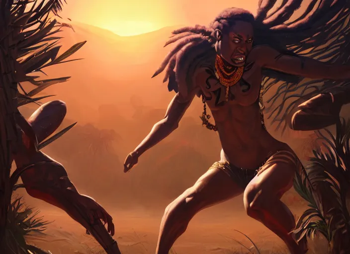 prompthunt: masculine black warrior tribal afrikan voodoo armor, primitive  weapons and kemetic imagery, 2 d game fanart behance hd by jesper ejsing,  by rhads, makoto shinkai and lois van baarle, ilya kuvshinov