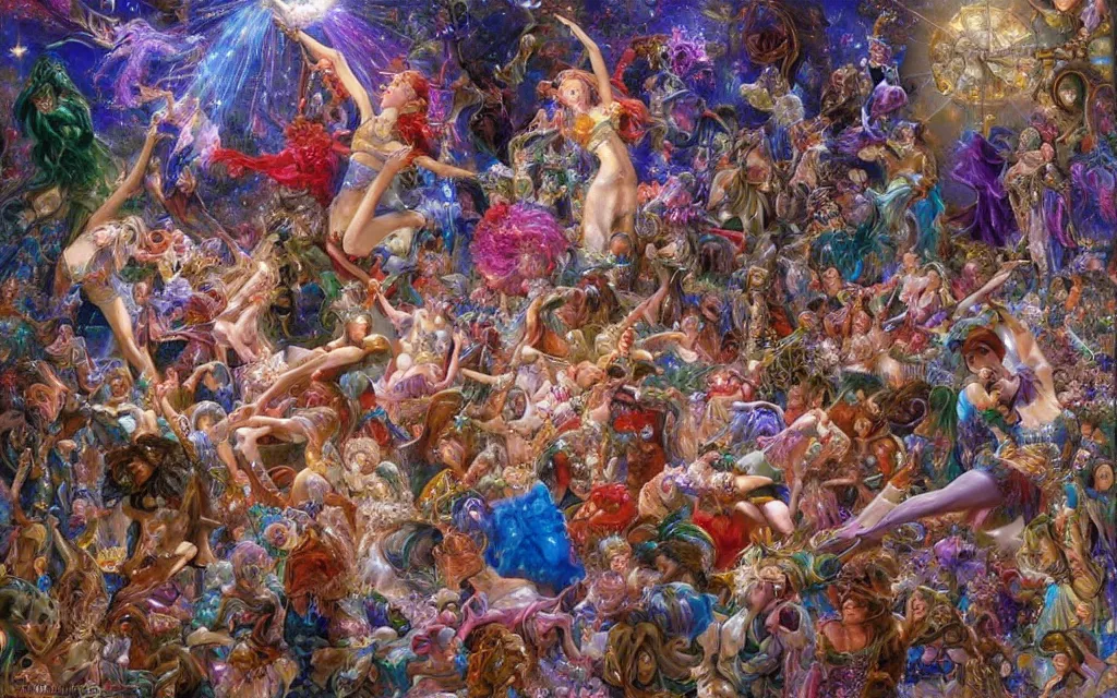 Image similar to magical crystals dance in the air, spinning and shining in a chaotic but beautiful display by donato giancola and steve argyle