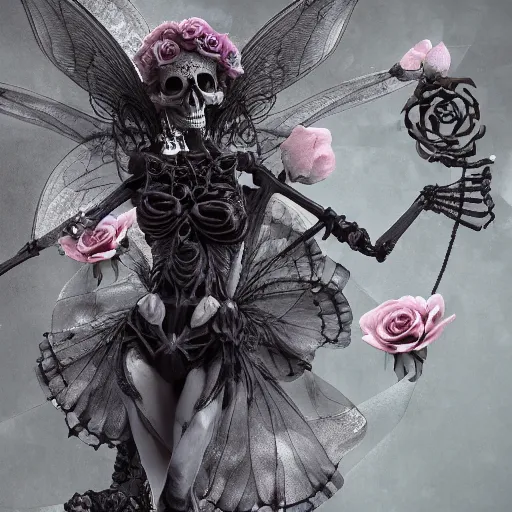 Prompt: the skeleton of a fairy ribbon dancing on a black rose, the ribbon is made up of the fabric of the universe, ultra realistic, concept art, intricate details, highly detailed, photorealistic, octane render, 8 k, style of jean baptiste monge