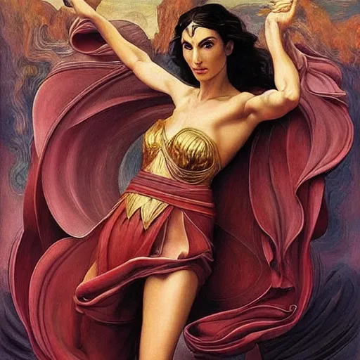 Prompt: Full body oil painting of the beautiful goddess Gal Gadot, she is wearing a peplos and a surreal ornate, her hair is natural disheveled, she is approaching heaven over the clouds, naturalism, dramatic lighting, high-detailed oil painting by Ilya Repin, Michelangelo da Caravaggio, William Blake, Alex Grey and Beksinski, trending on Artsation, hystorical painting, naturalism, masterpiece, 4k, 8k,