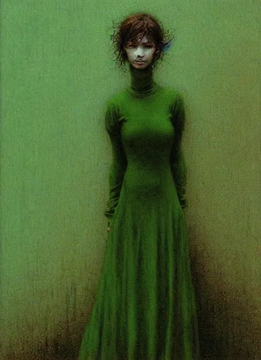 Prompt: young tavern maid in green dress by Beksinski and Luis Royo