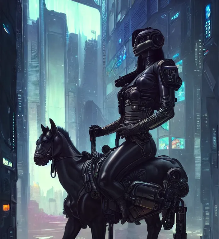 Image similar to painting of cyberpunk centaur cop, perfect face, ultra realistic, concept art, intricate details, eerie, highly detailed, photorealistic, octane render, 8 k, unreal engine. art by artgerm and greg rutkowski and magali villeneuve and alphonse mucha