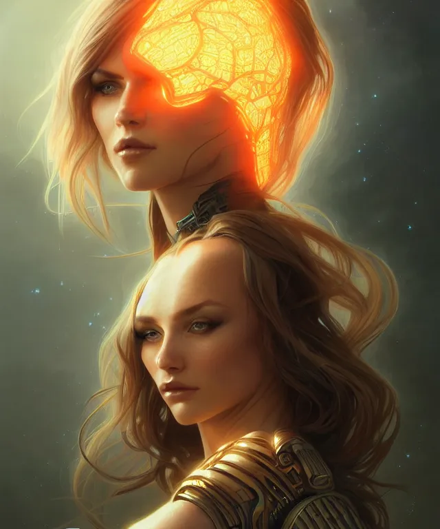 Image similar to futuristic woman portrait, sci-fi, amber eyes, face, long hair, fantasy, intricate, elegant, highly detailed, digital painting, artstation, concept art, smooth, sharp focus, illustration, art by artgerm and greg rutkowski and alphonse mucha