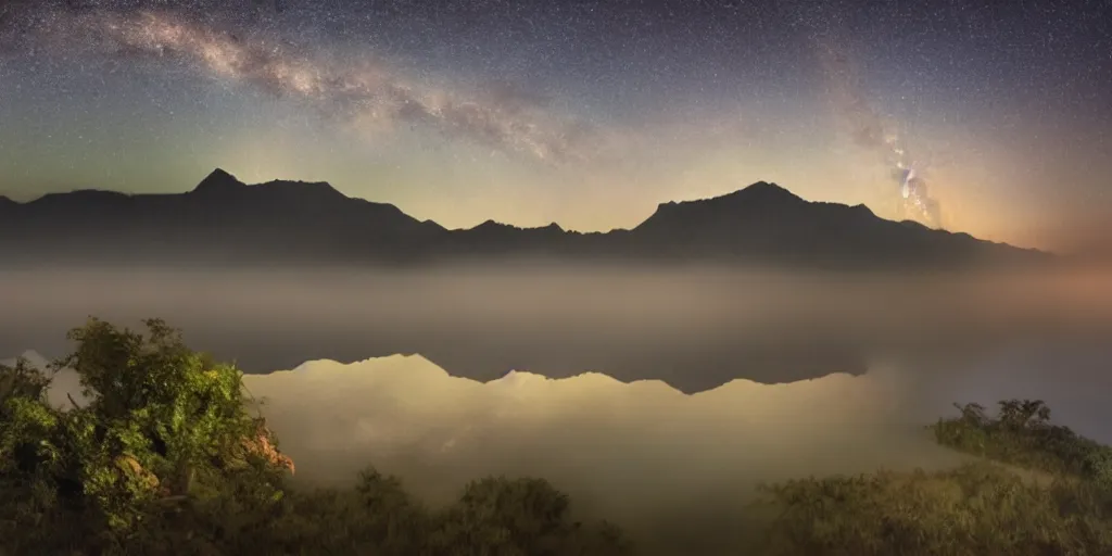 Image similar to a magic lake by night with fog mountains in the background and the milkyway in the sky by studio ghibli and hayao miyazaki and kazuo oga