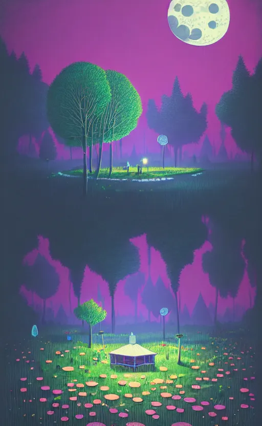 Image similar to gediminas pranckevicius, a pond in the forest, moonlight, wild rose, flower garden, pavilion, hillock, summer city night, very coherent and colorful high contrast art by simon stalenhag james gilleard floralpunk screen printing woodblock, dark shadows, pastel color, hard lighting