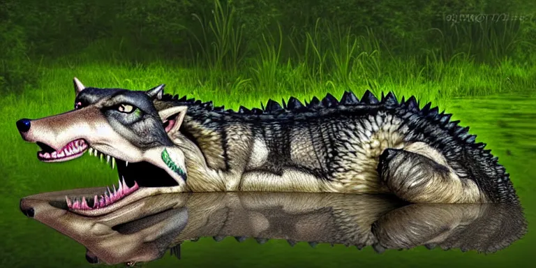 Prompt: chimera made of a wolf and a crocodile, photo of wolf, photo of crocodile, trending on deviantart, photo realism, realistic wood swamp, professional photoshop artwork utilizing photographs