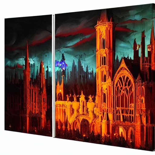 Prompt: live performance stage, ornate gothic style with lights and large sound speakers, by Megan Duncanson and Raphael Lacoste, detailed 3d gothic oil painting