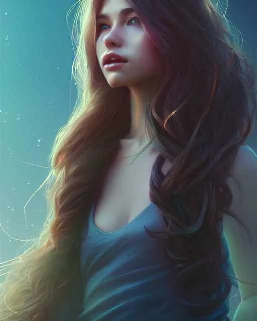 Image similar to portrait of a beautiful girl, flowy hair, full body, modern clothes, cinematic lighting, city background, highly detailed, digital painting, trending on artstation, pixiv, concept art, sharp focus, illustration, art by ross tran and wlop