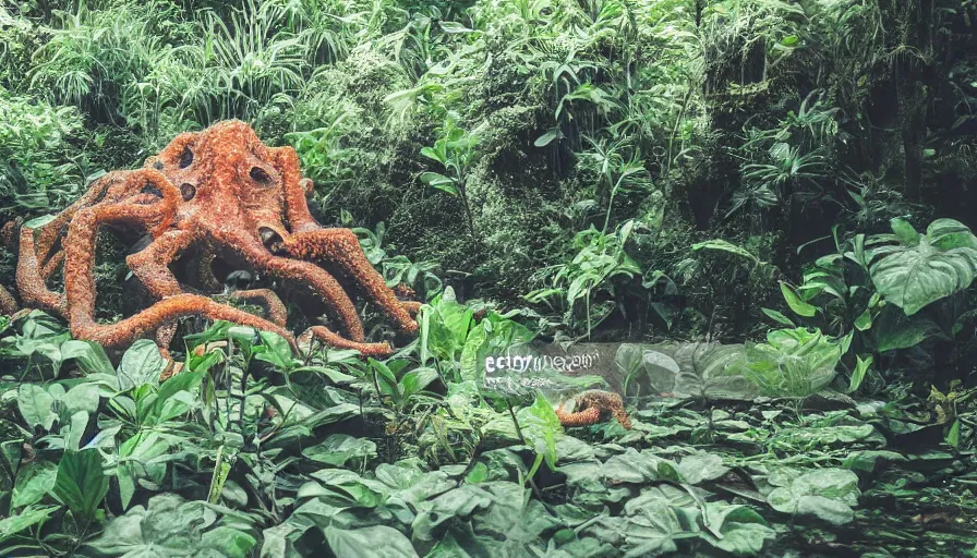 Image similar to a rainy foggy jungle, river with low hanging plants, there is a giant coral colored octopus in the water, great photography, ambient light