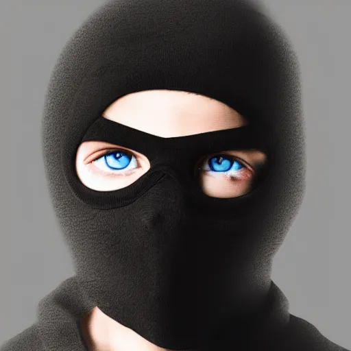 Prompt: a detailed portrait of a boy wearing a black ski mask, blue eyes, art illustration, incredibly highly detailed and realistic, 8 k, sharp focus