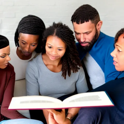 Prompt: two women and three men looking at a book