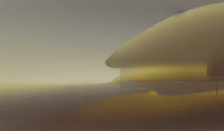 Prompt: A serene landscape with a singular building in the style of John Harris.