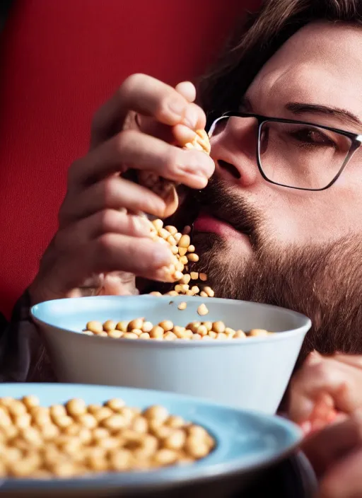 Image similar to award winning photograph of a man at a movie theater eating beans, 4 k, uhd, highly detailed, realistic, close up