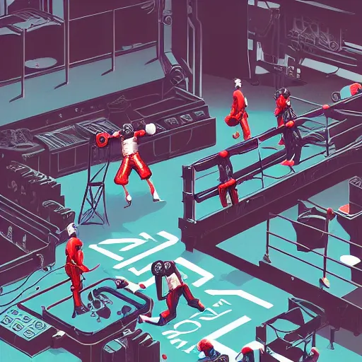Image similar to a beautiful highly detailed vector illustration close up of a boxing match with robots in a factory, punk styling by atay ghailan, cliff chiang, loish and goro fujita, silver, silver, brown, black, blue and cyan tones, featured on artstation, featured on behance, grunge aesthetic