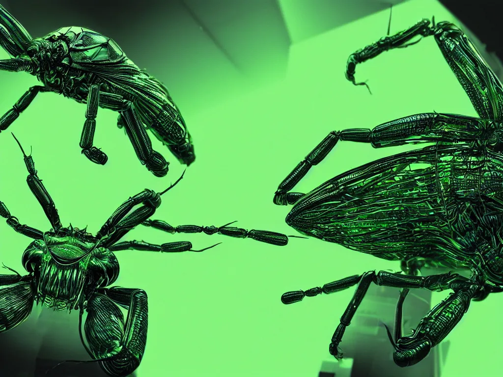 Image similar to a terrifying giant bug emerging from strands of neon green computer code text, matrix, hyperrealistic, digital painting, 8 k, artstation, very detailed