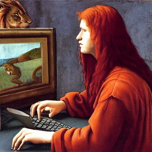 Image similar to a red-haired long-haired teenage boy sitting at a computer, lions around him, painting by Donatello