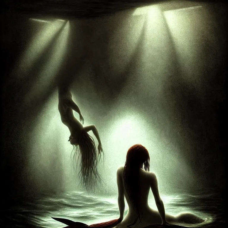 Prompt: epic professional digital art of a starving mermaid, atmospheric lighting, beautiful light and shadow, painted, complex, detailed, detailed, foreboding, mysterious, leesha hannigan, wayne haag, reina rocin, ignacio fernandez rios, mark ryden, iris van herpen, epic, stunning, magnificent, very wow, cinematic, masterpiece.