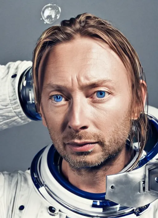 Image similar to calm thom yorke singer songwriter frontman, in spacesuit filling up with water, ultrafine detail, hyper realistic face, beautiful blue eyes, black spherical pupils, eyes reflecting into eyes reflecting into infinity, eyes reflecting into eyes reflecting into infinity