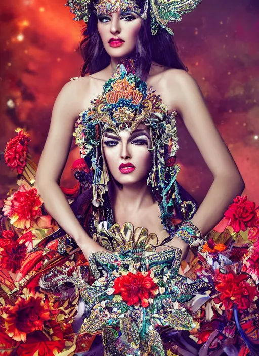 Prompt: expressive full body photo of a miss universe, ornate headpiece made from flowers, ornaments, glamour shot, by karol bak, by stefan gesell, photorealistic, canon r 3, fashion photography, hyper maximalist, elegant, ornate, luxury, elite, environmental portrait, symmetrical features, octane render, unreal engine, solid dark grey background, dramatic lights