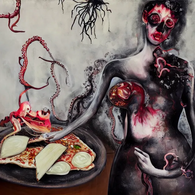 Prompt: a portrait in a female artist's apartment, organic, a woman holding a brain, cracked japanese pottery vase, sensual, smokey burnt envelopes, candles, white flowers, puddle of milk, octopus, squashed berries, pizza box, pancakes, black underwear, neo - expressionism, surrealism, acrylic and spray paint and oilstick on canvas