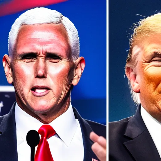 Prompt: mike pence and donald trump shoot lightning at each other, dark background, dramatic, award - winning,